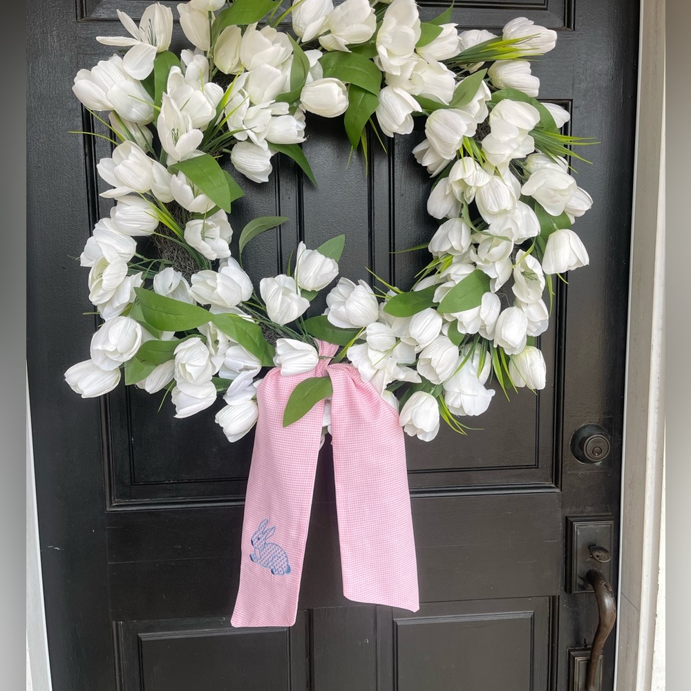 Wreath sash custom for front door Spring Easter Herend Bunny pink blue